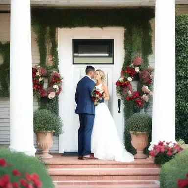 The couple wreathe their front door with flowers to create a romantic atmosphere.