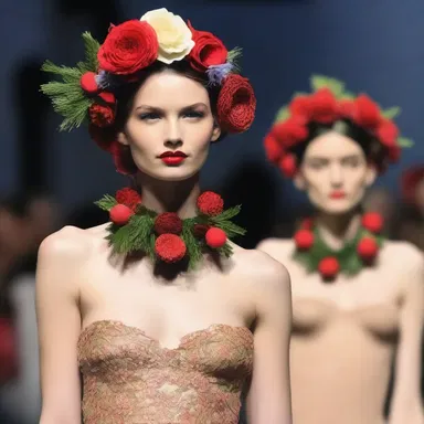 The models on the runway were adorned with intricately designed wreaths to enhance the fashion show.