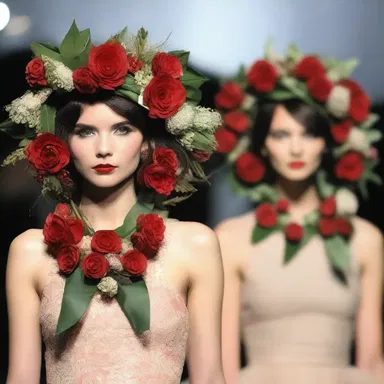 The models on the runway were adorned with intricately designed wreaths to enhance the fashion show.
