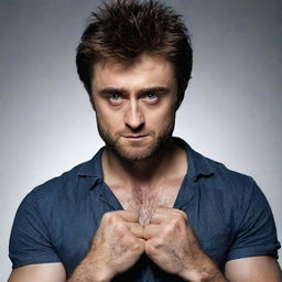 Produce a convincing image of Daniel Radcliffe reimagined as Wolverine from the X-Men, complete with the character's signature hairstyle, adamantium claws, and intense expression.