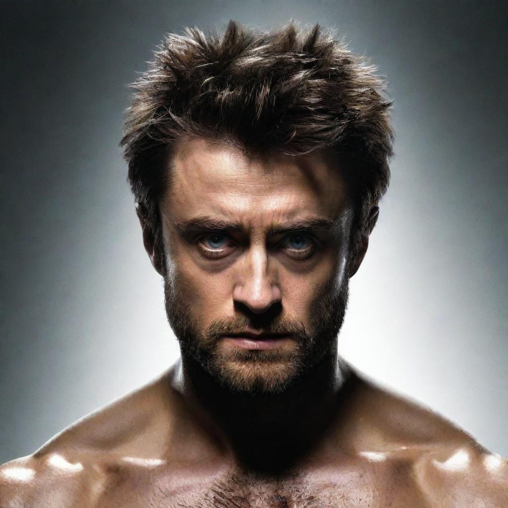 Produce a convincing image of Daniel Radcliffe reimagined as Wolverine from the X-Men, complete with the character's signature hairstyle, adamantium claws, and intense expression.