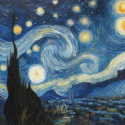 A detailed and vivid representation of Van Gogh's Starry Night painting with a swirling night sky full of bright twinkling stars.