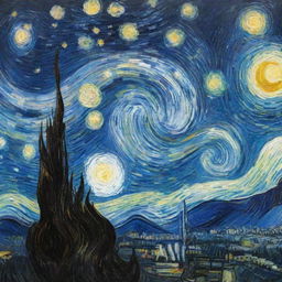 A detailed and vivid representation of Van Gogh's Starry Night painting with a swirling night sky full of bright twinkling stars.