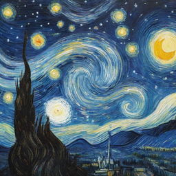 A detailed and vivid representation of Van Gogh's Starry Night painting with a swirling night sky full of bright twinkling stars.