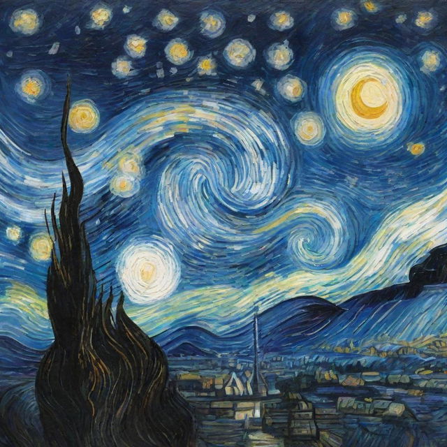 A detailed and vivid representation of Van Gogh's Starry Night painting with a swirling night sky full of bright twinkling stars.