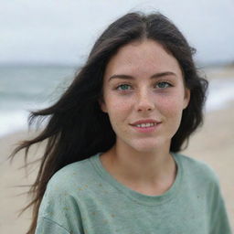 Capture a casual, raw-style 4K HD image of a relaxed 23-year-old female with green eyes, freckles, and long black hair with golden highlights. She's in hipster-style clothes, enjoying her time on a beach, at a medium distance shot.