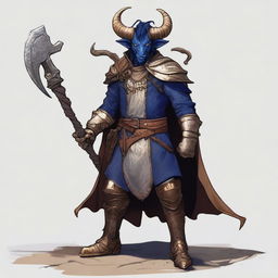 The image is a high-quality digital art representation of a tan-skinned Tiefling with dark blue hair and gold eyes