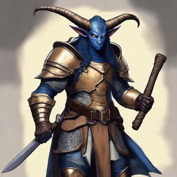 The image is a high-quality digital art representation of a tan-skinned Tiefling with dark blue hair and gold eyes