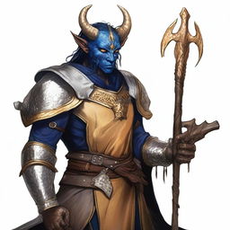 The image is a high-quality digital art representation of a tan-skinned Tiefling with dark blue hair and gold eyes