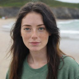 Capture a casual, raw-style 4K HD image of a relaxed 23-year-old female with green eyes, freckles, and long black hair with golden highlights. She's in hipster-style clothes, enjoying her time on a beach, at a medium distance shot.