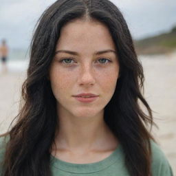 Capture a casual, raw-style 4K HD image of a relaxed 23-year-old female with green eyes, freckles, and long black hair with golden highlights. She's in hipster-style clothes, enjoying her time on a beach, at a medium distance shot.