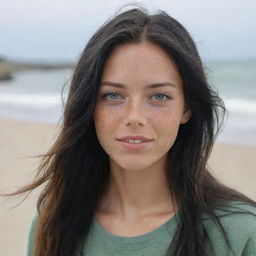 Capture a casual, raw-style 4K HD image of a relaxed 23-year-old female with green eyes, freckles, and long black hair with golden highlights. She's in hipster-style clothes, enjoying her time on a beach, at a medium distance shot.