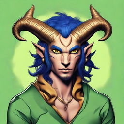 This is a high-quality digital art image of a tan-skinned Tiefling with dark blue hair and striking gold eyes