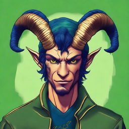 This is a high-quality digital art image of a tan-skinned Tiefling with dark blue hair and striking gold eyes