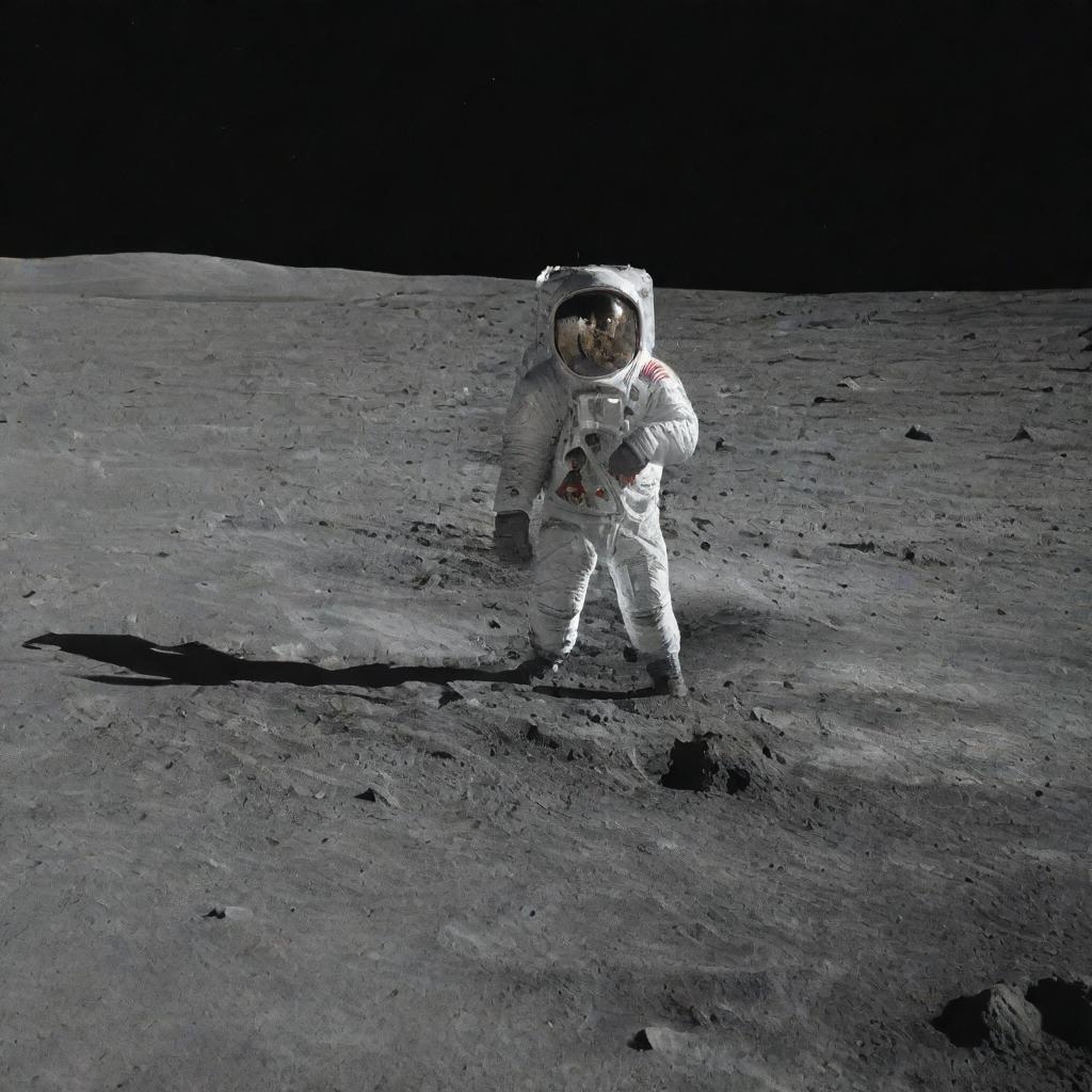 A man standing on the lunar surface, with the vastness of space and distant stars in the background.