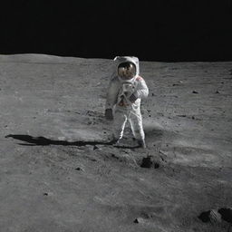 A man standing on the lunar surface, with the vastness of space and distant stars in the background.