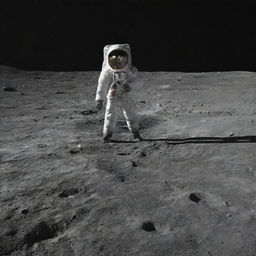 A man standing on the lunar surface, with the vastness of space and distant stars in the background.