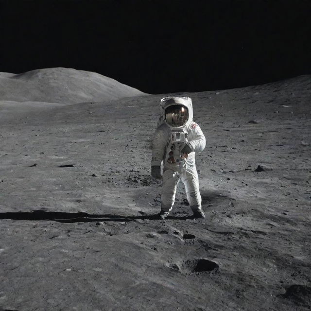 A man standing on the lunar surface, with the vastness of space and distant stars in the background.