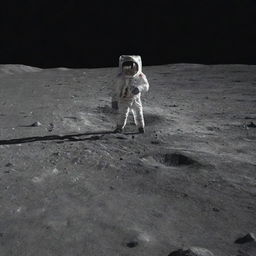 A man standing on the lunar surface, with the vastness of space and distant stars in the background.