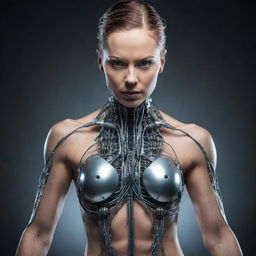 A fusion of flesh and technology, a woman with musculature exposed, intertwined with mechanical augmentation and a weave of electric wires, presenting a striking image of cybernetic enhancement.