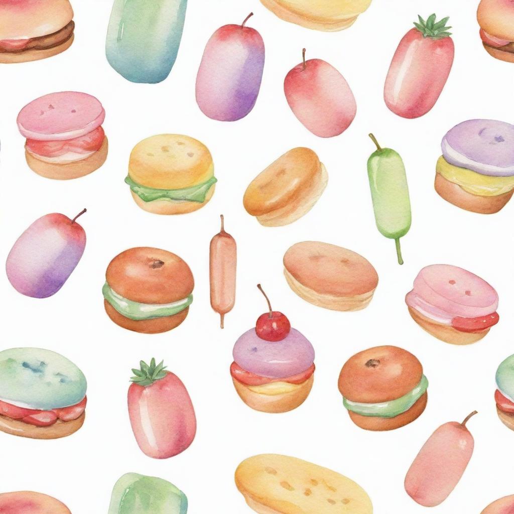 Pastel tone, watercolor-inspired food items individually portrayed against a white background.