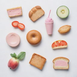 Pastel tone, watercolor-inspired food items individually portrayed against a white background.