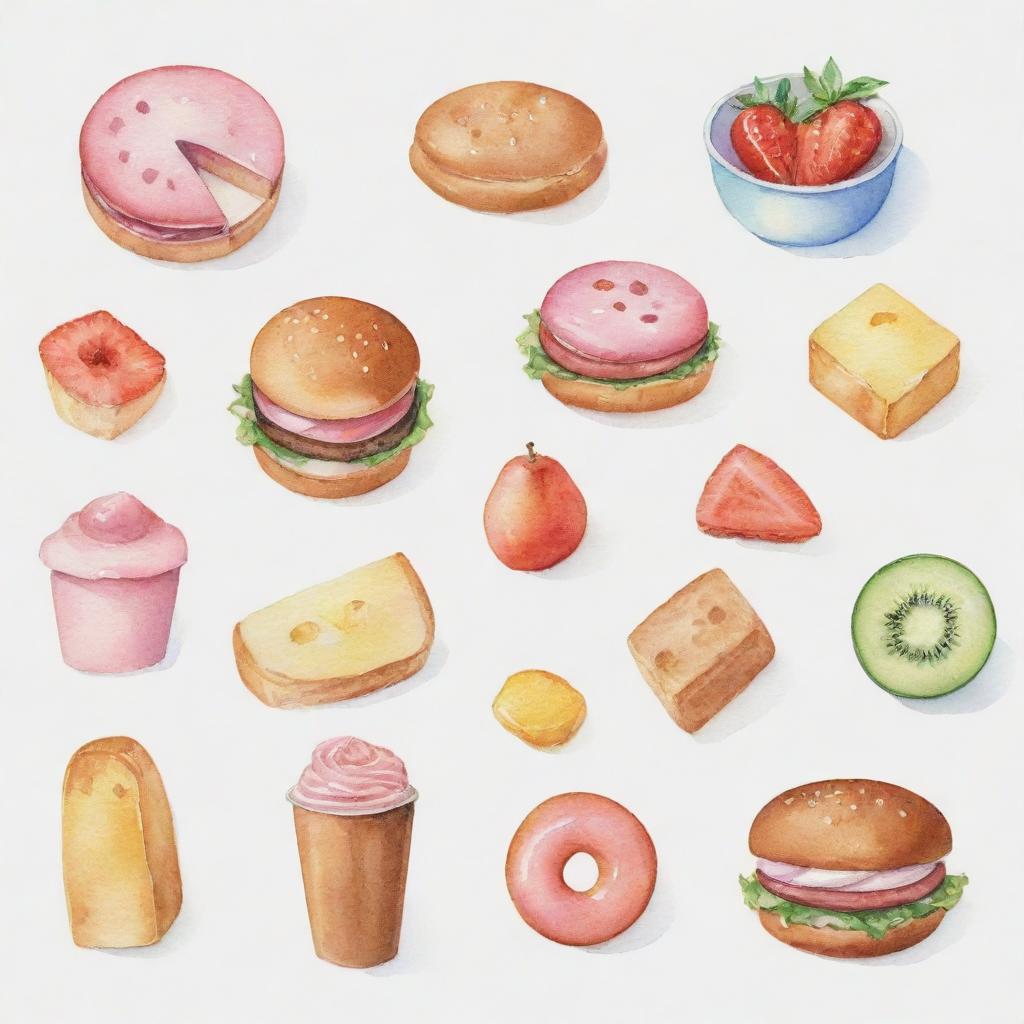 Pastel tone, watercolor-inspired food items individually portrayed against a white background.