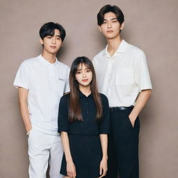 A 154cm tall, beautiful Indian girl with upper-back-length hair, standing next to a 183cm tall Japanese boy from the K-pop group Enhypen Niki.