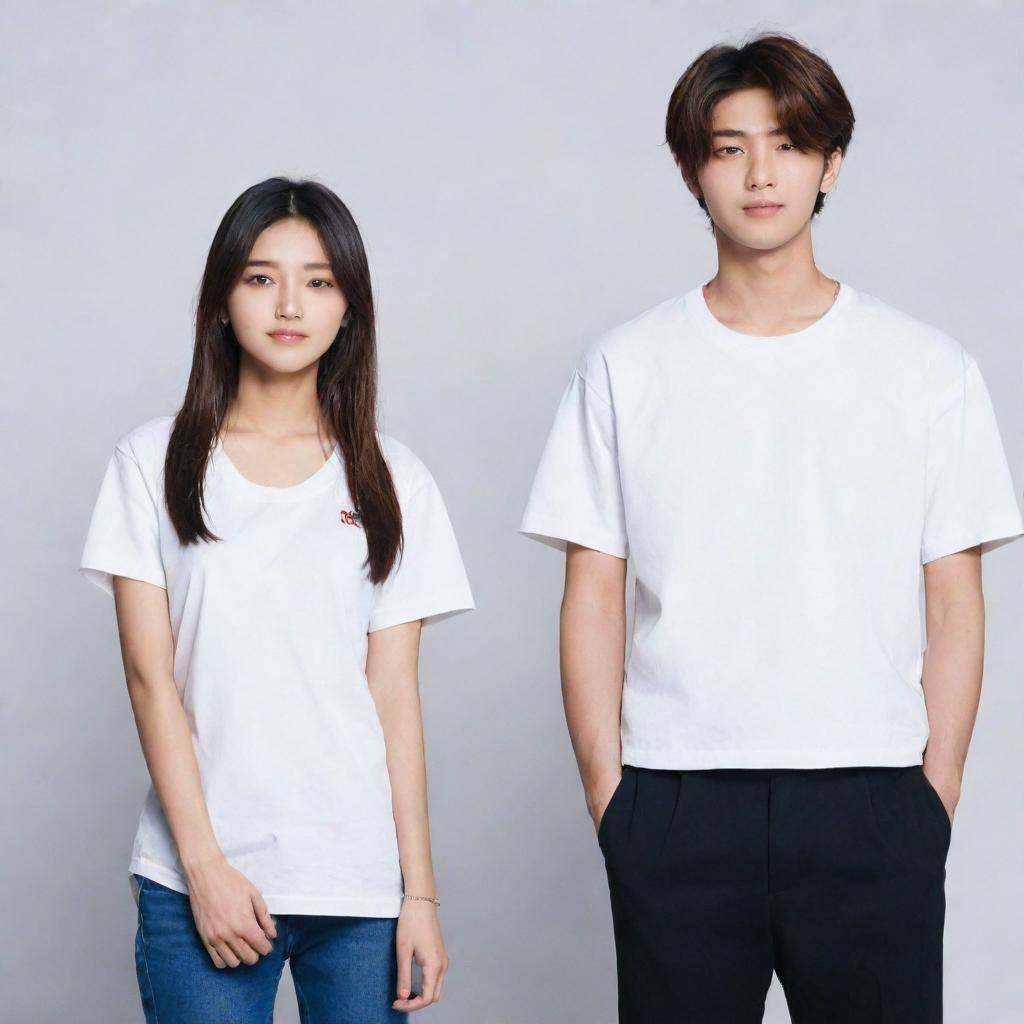 A 154cm tall, beautiful Indian girl with upper-back-length hair, standing next to a 183cm tall Japanese boy from the K-pop group Enhypen Niki.