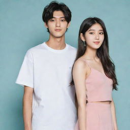 A 154cm tall, beautiful Indian girl with upper-back-length hair, standing next to a 183cm tall Japanese boy from the K-pop group Enhypen Niki.