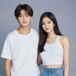 A 154cm tall, beautiful Indian girl with upper-back-length hair, standing next to a 183cm tall Japanese boy from the K-pop group Enhypen Niki.