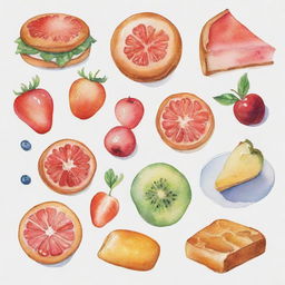 Aesthetically pleasing, watercolor-inspired food items individually portrayed against a white background.