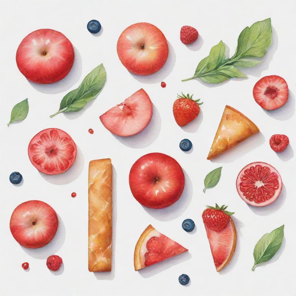 Aesthetically pleasing, watercolor-inspired food items individually portrayed against a white background.