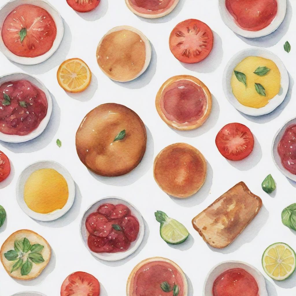 Aesthetically pleasing, watercolor-inspired cooked food items individually portrayed against a white background.