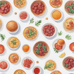 Aesthetically pleasing, watercolor-inspired cooked food items individually portrayed against a white background.