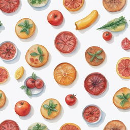 Aesthetically pleasing, watercolor-inspired cooked food items individually portrayed against a white background.