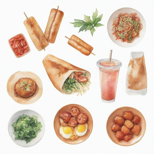 Aesthetically pleasing, watercolor-inspired Korean street food items individually portrayed against a white background.