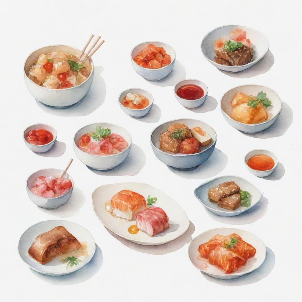 Aesthetically pleasing, watercolor-inspired Japanese food items individually portrayed against a white background.