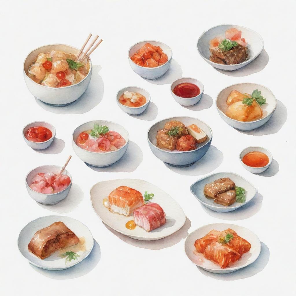 Aesthetically pleasing, watercolor-inspired Japanese food items individually portrayed against a white background.