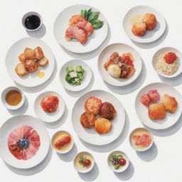 Aesthetically pleasing, watercolor-inspired Japanese food items individually portrayed against a white background.