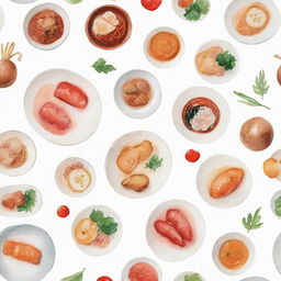 Aesthetically pleasing, watercolor-inspired Japanese food items individually portrayed against a white background.