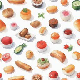 Aesthetically pleasing, watercolor-inspired Japanese food items individually portrayed against a white background.