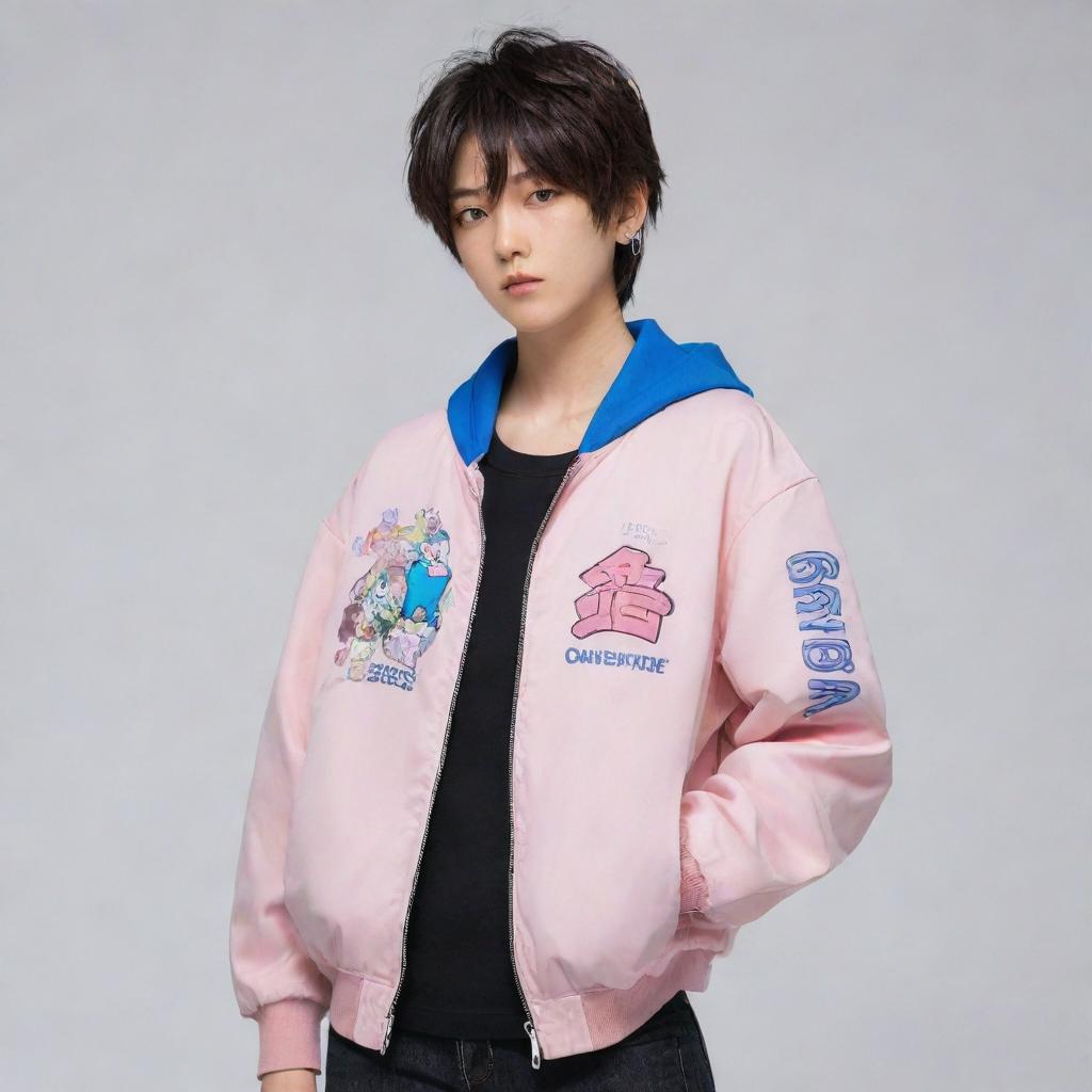 Anime character in a cool jacket with unspecified text on it