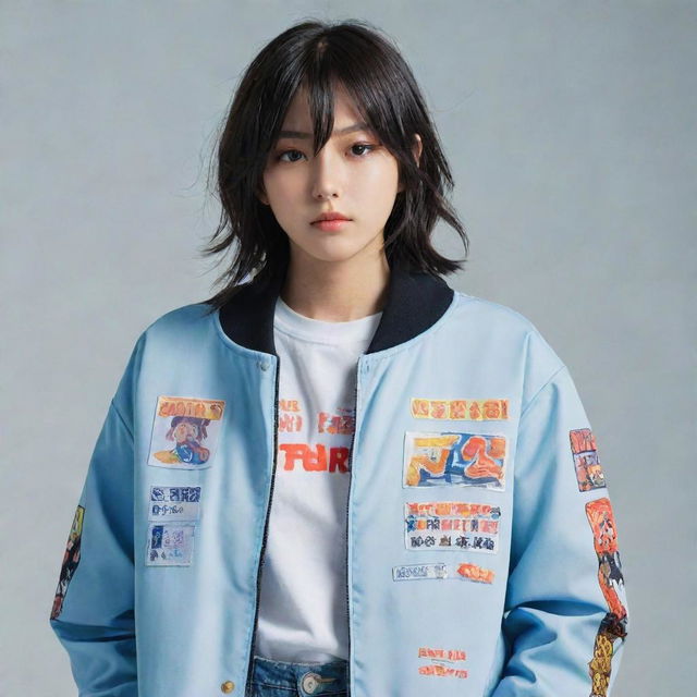 Anime character in a cool jacket with unspecified text on it