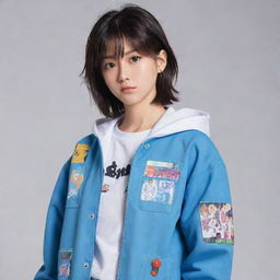 Anime character in a cool jacket with unspecified text on it