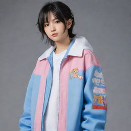 Anime character in a cool jacket with unspecified text on it