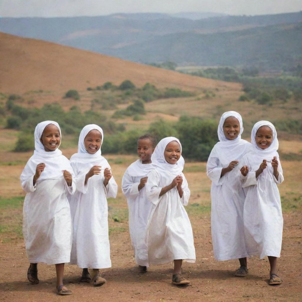 Group of Ethiopian children dressed in traditional Muslim clothing, playing happily with a backdrop of a rural Ethiopian landscape.