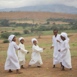 Group of Ethiopian children dressed in traditional Muslim clothing, playing happily with a backdrop of a rural Ethiopian landscape.