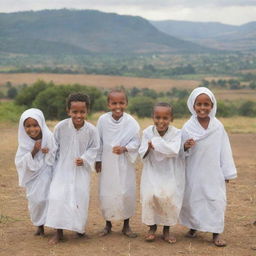 Group of Ethiopian children dressed in traditional Muslim clothing, playing happily with a backdrop of a rural Ethiopian landscape.