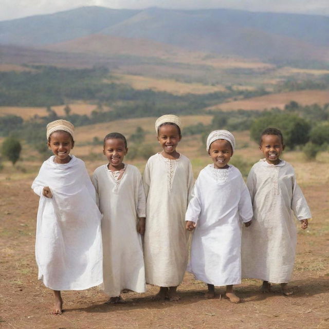 Group of Ethiopian children dressed in traditional Muslim clothing, playing happily with a backdrop of a rural Ethiopian landscape.